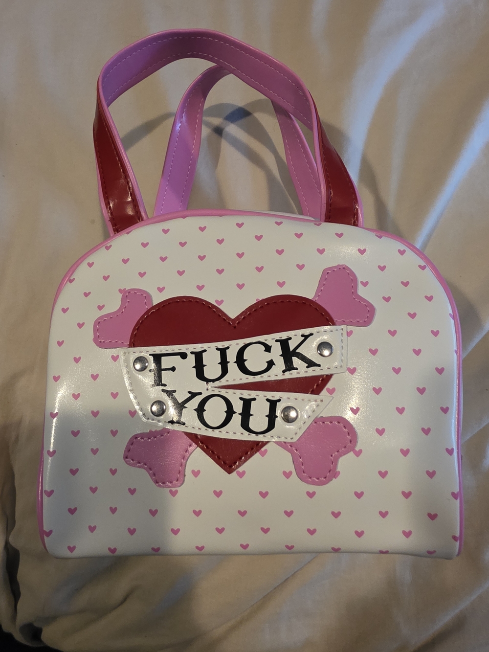 Addicted Brand White Medium Satchel with Pink Accents and Red Heart